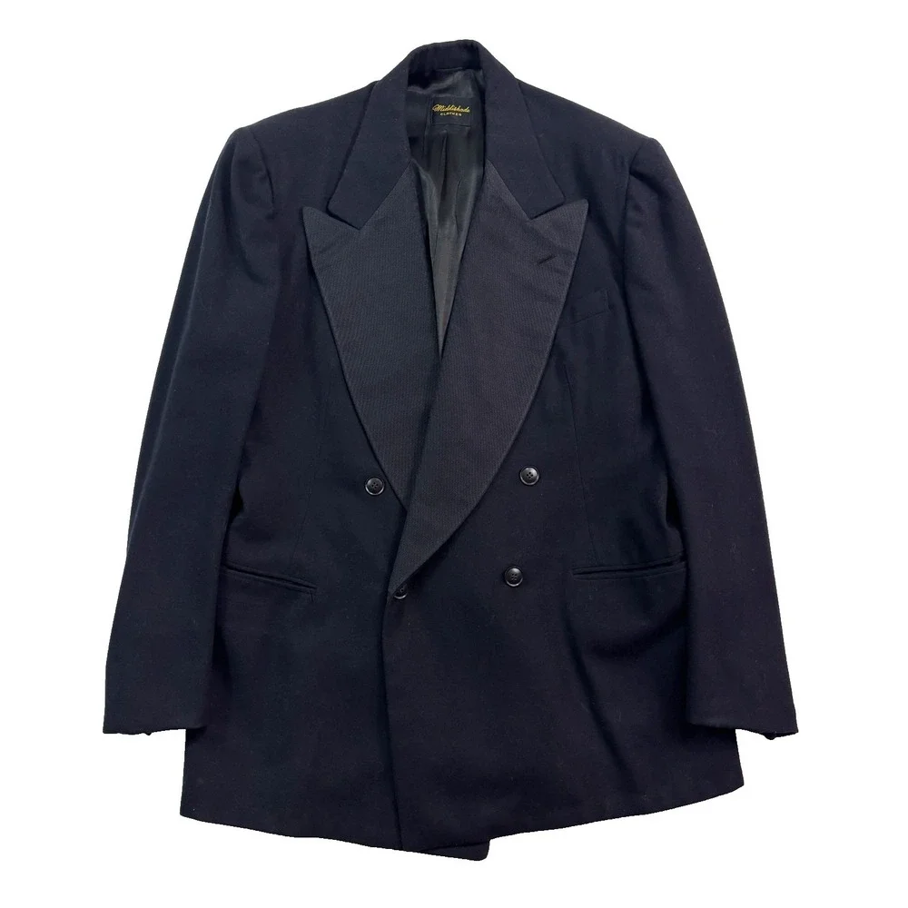 vtg 40s Double Breasted Tuxedo Jacket 40L Flannel Wool Heavy Black Peak Formal
